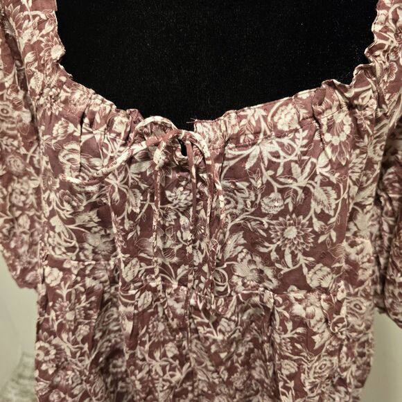 Olivaceous Boho Floral Short Puff Sleeve Mini Baby Doll Dress Maroon Size Medium - Picture 2 of 12